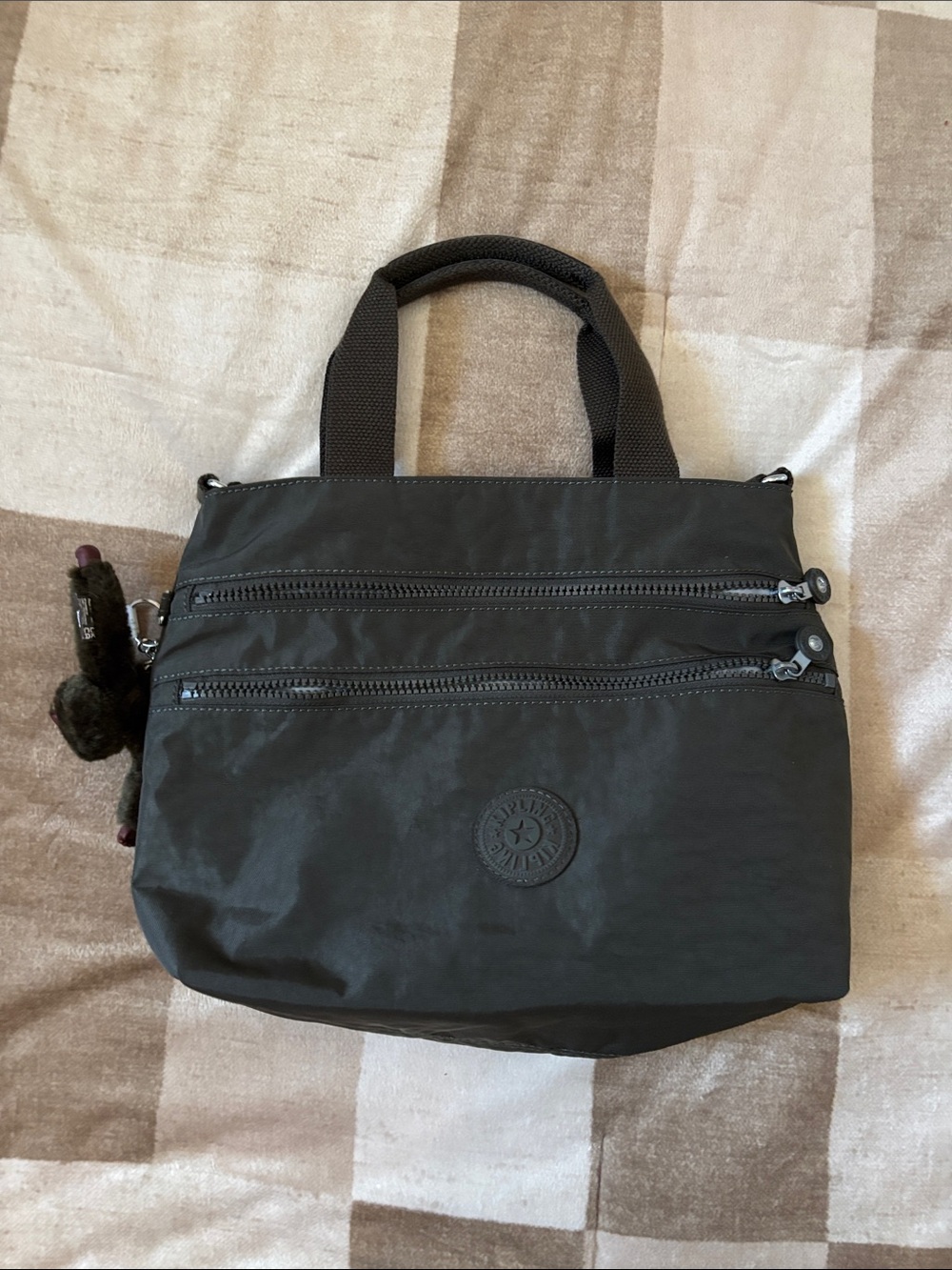 Kipling Olive Green Compact Tote with Monkey Charm
